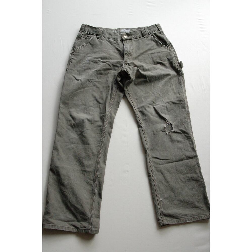 Distressed Carhartt Duck Pants 34x32 Olive Honest Mending